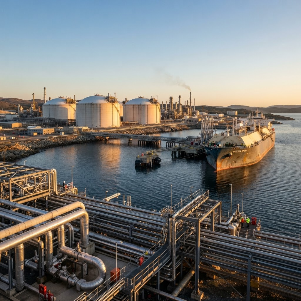 Coastal LNG export terminal with storage tanks and a docked LNG carrier