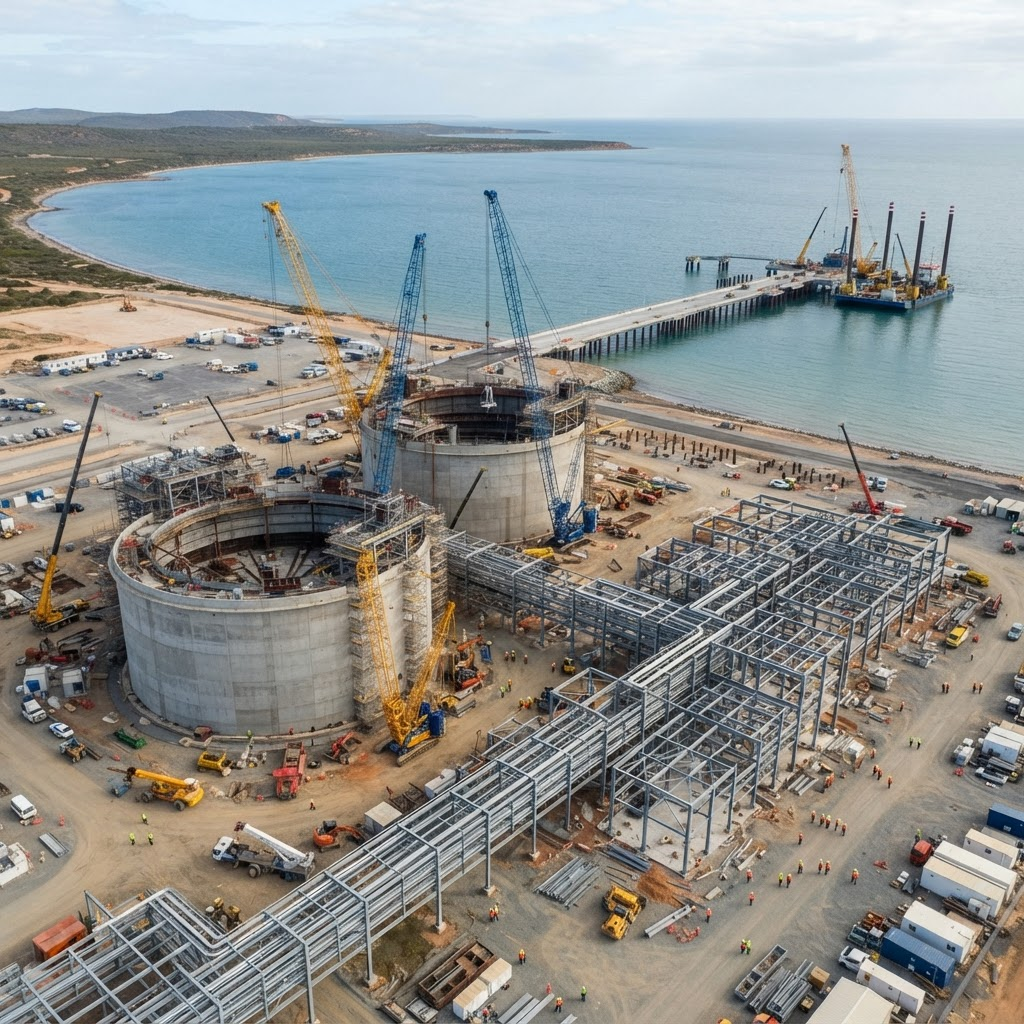 Aerial view of an LNG marine terminal under construction