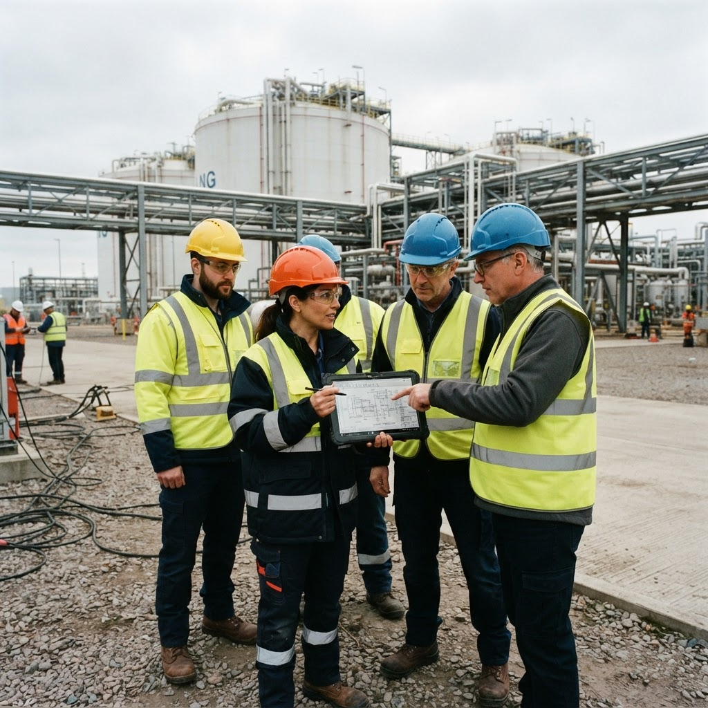 Industry professionals reviewing technical drawings at an LNG terminal site